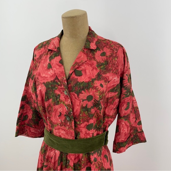 Vintage 60s Evelyn Pearson Lounge Red Floral V Neck Collar Maxi Flare Dress M - Picture 4 of 11